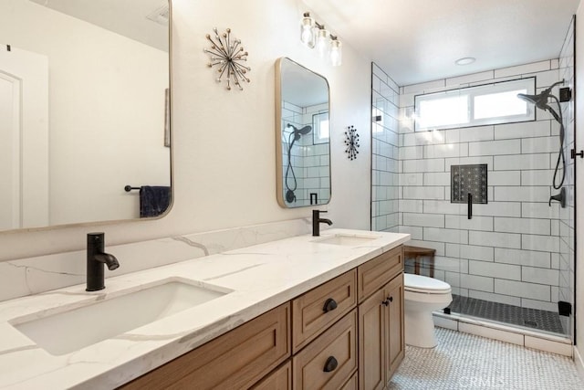27111 Crews Hill Dr, Menifee, CA 92586 - full bathroom with a stall shower, double vanity, and tile patterned floors
