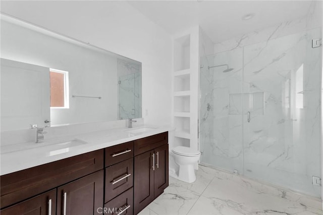 7419 N Mia Ln, Van Nuys, CA 91405 - bathroom featuring double vanity, a marble finish shower, and marble finish floors