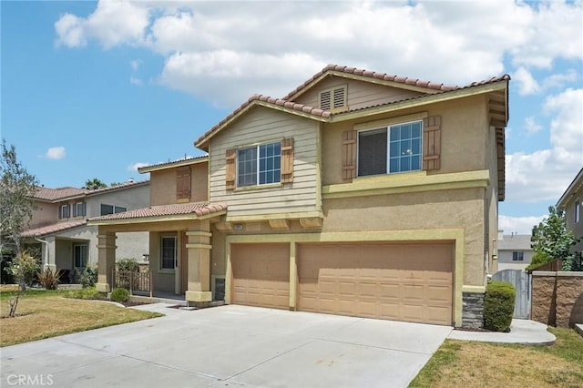 12910 Jersey St, Eastvale, CA 92880 - view of front of property with an attached garage, driveway, stucco siding, and a tiled roof