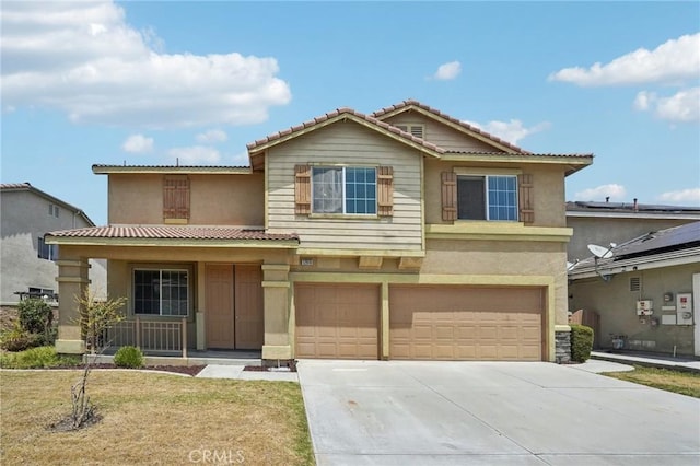12910 Jersey St, Eastvale, CA 92880 - view of front of home with an attached garage, stucco siding, a porch, and concrete driveway