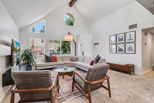 17915 Caminito Pinero Unit 264, San Diego, CA 92128 - carpeted living room featuring high vaulted ceiling and beam ceiling