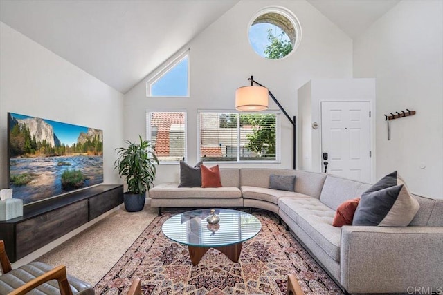 17915 Caminito Pinero Unit 264, San Diego, CA 92128 - carpeted living room featuring high vaulted ceiling