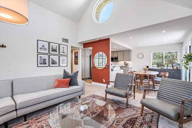 17915 Caminito Pinero Unit 264, San Diego, CA 92128 - living area featuring light carpet and lofted ceiling