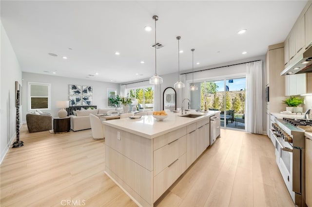 211 Wild Flower, Lake Forest, CA 92630 - kitchen with appliances with stainless steel finishes, modern cabinets, light wood-type flooring, a large island with sink, and recessed lighting