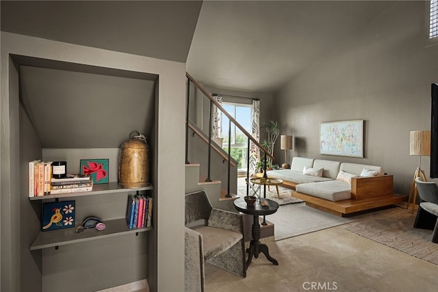 837 N W Knoll Dr Unit 307, West Hollywood, CA 90069 - living room with lofted ceiling and stairs