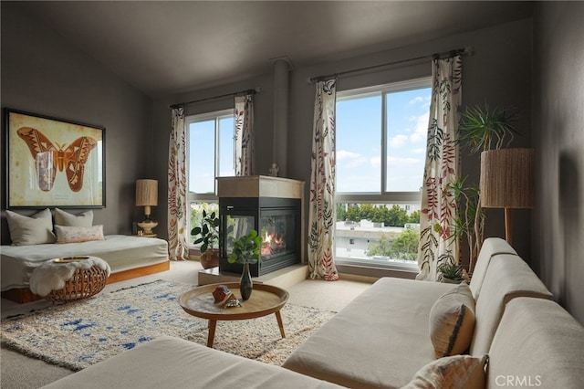 837 N W Knoll Dr Unit 307, West Hollywood, CA 90069 - living room featuring a multi sided fireplace and lofted ceiling
