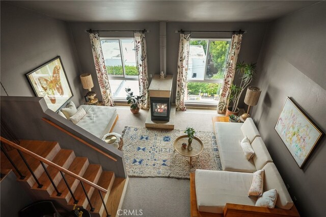 837 N W Knoll Dr Unit 307, West Hollywood, CA 90069 - living area with carpet flooring and stairway