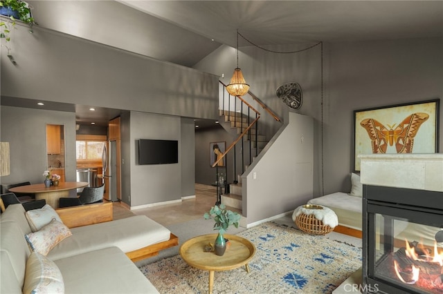 837 N W Knoll Dr Unit 307, West Hollywood, CA 90069 - living room with stairs and high vaulted ceiling