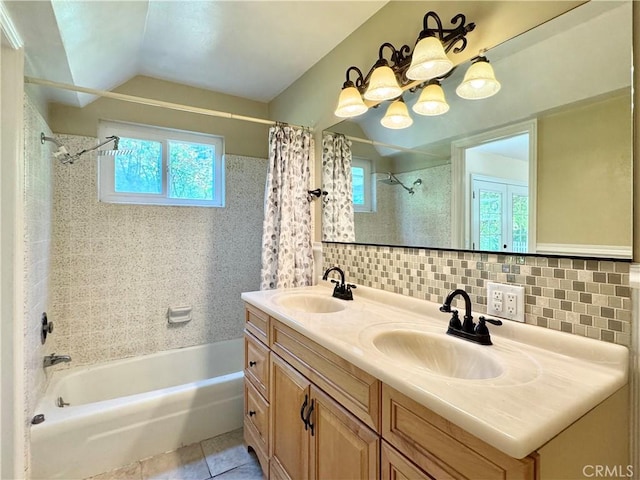 2817 San Verbena Way, Chico, CA 95973 - full bath with shower / tub combo with curtain, double vanity, tile patterned flooring, lofted ceiling, and healthy amount of natural light