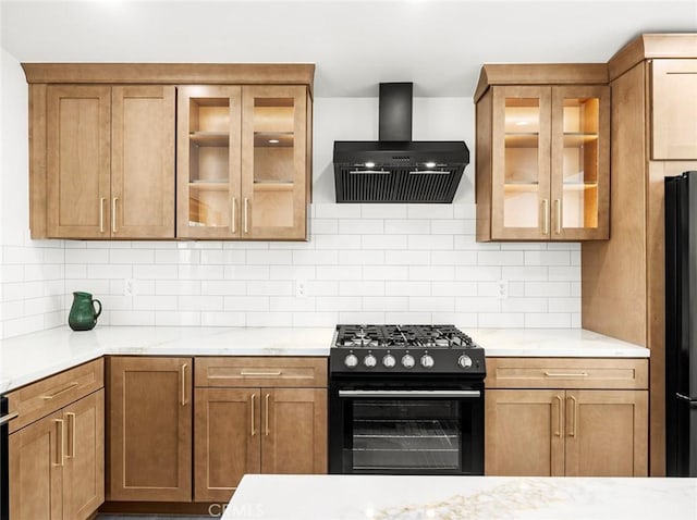 11410 Reseda Blvd, Porter Ranch, CA 91326 - kitchen featuring ventilation hood, black appliances, tasteful backsplash, and brown cabinetry