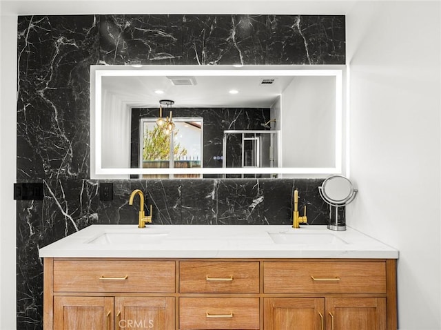 11410 Reseda Blvd, Porter Ranch, CA 91326 - full bathroom with double vanity, backsplash, and a stall shower