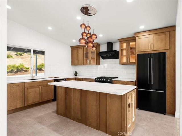 11410 Reseda Blvd, Porter Ranch, CA 91326 - kitchen with black appliances, wall chimney exhaust hood, brown cabinets, tasteful backsplash, and lofted ceiling