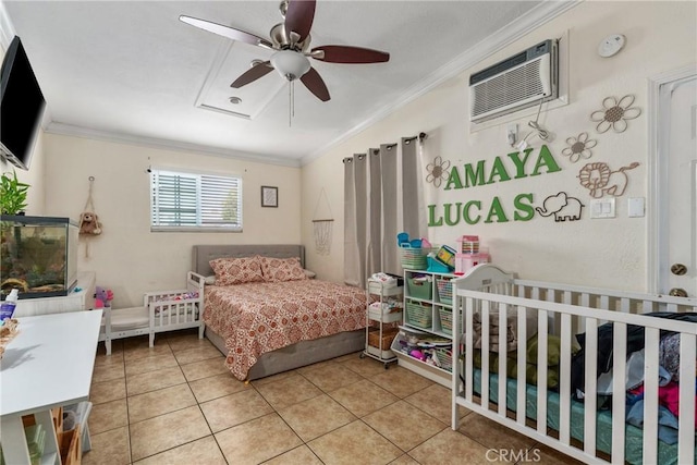 10422 Patricia Dr, Garden Grove, CA 92840 - bedroom featuring crown molding, tile patterned flooring, an AC wall unit, and ceiling fan