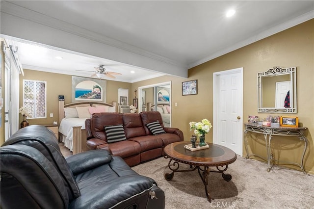10422 Patricia Dr, Garden Grove, CA 92840 - carpeted living room featuring crown molding, recessed lighting, and ceiling fan