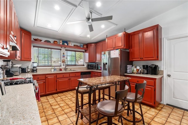 10422 Patricia Dr, Garden Grove, CA 92840 - kitchen with a ceiling fan, stainless steel appliances, light tile patterned floors, and recessed lighting