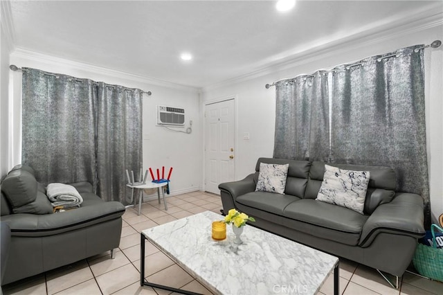 10422 Patricia Dr, Garden Grove, CA 92840 - living room featuring a wall mounted AC, crown molding, light tile patterned floors, and recessed lighting