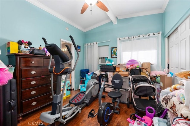 10422 Patricia Dr, Garden Grove, CA 92840 - workout area with wood finished floors, vaulted ceiling, a ceiling fan, and crown molding