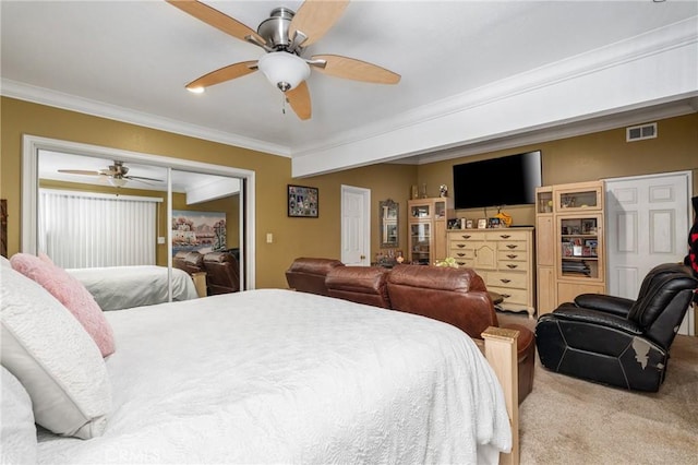 10422 Patricia Dr, Garden Grove, CA 92840 - bedroom featuring carpet flooring, crown molding, a ceiling fan, and a closet