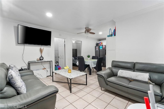 10422 Patricia Dr, Garden Grove, CA 92840 - living area with crown molding, a ceiling fan, light tile patterned floors, and recessed lighting