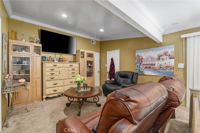 10422 Patricia Dr, Garden Grove, CA 92840 - living area featuring light colored carpet, ornamental molding, and recessed lighting
