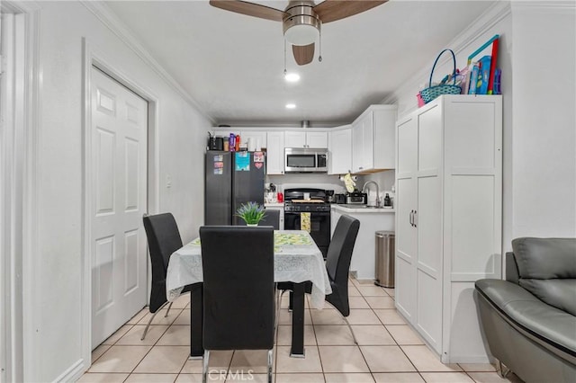 10422 Patricia Dr, Garden Grove, CA 92840 - dining space featuring ornamental molding, light tile patterned floors, a ceiling fan, and recessed lighting