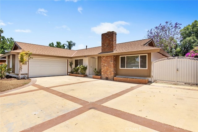4215 Sherman Dr, Riverside, CA 92503 - ranch-style home with a chimney, a garage, concrete driveway, a shingled roof, and a gate