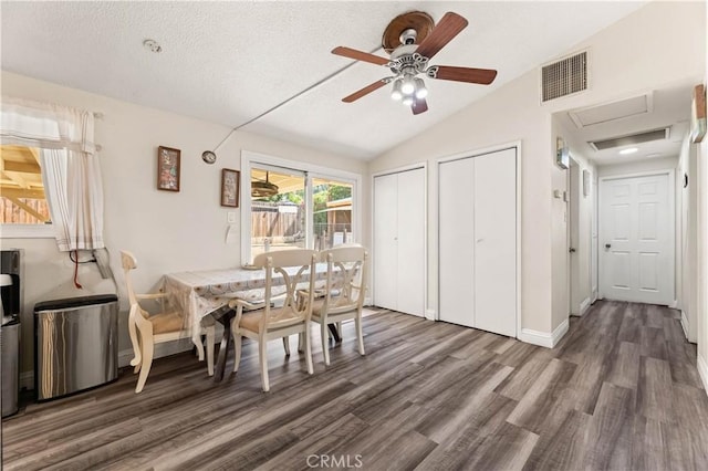 26920 14th St, Highland, CA 92346 - dining area with wood finished floors, ceiling fan, lofted ceiling, a textured ceiling, and attic access