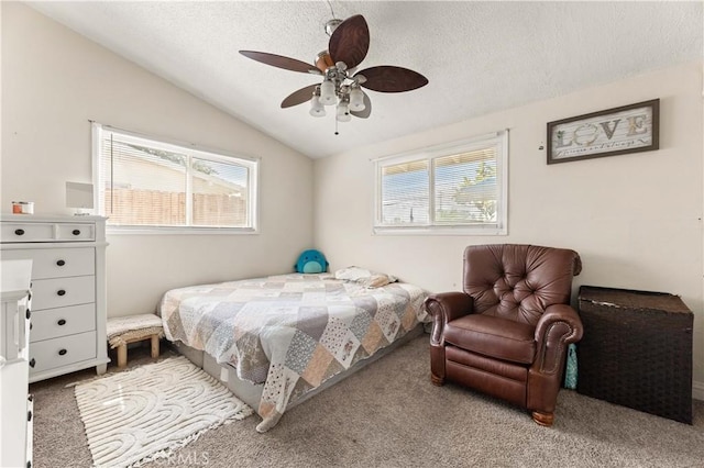 26920 14th St, Highland, CA 92346 - carpeted bedroom featuring lofted ceiling, a textured ceiling, and a ceiling fan
