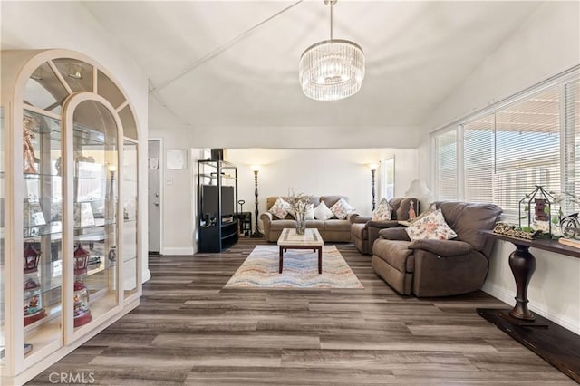 26920 14th St, Highland, CA 92346 - living room featuring a chandelier, dark wood-style floors, and lofted ceiling