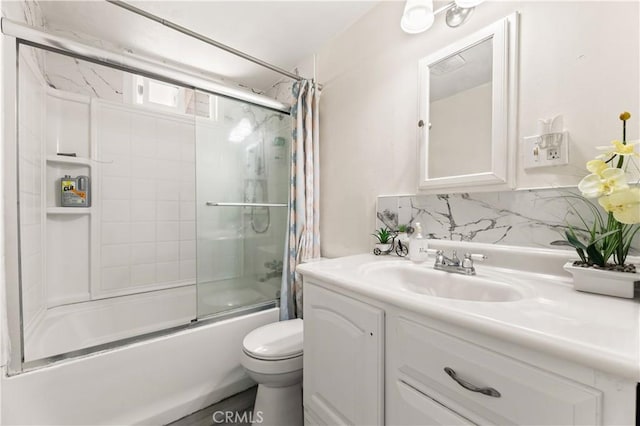 26920 14th St, Highland, CA 92346 - bathroom with vanity, enclosed tub / shower combo, and decorative backsplash