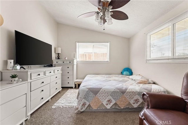 26920 14th St, Highland, CA 92346 - bedroom featuring vaulted ceiling, light colored carpet, a textured ceiling, and ceiling fan