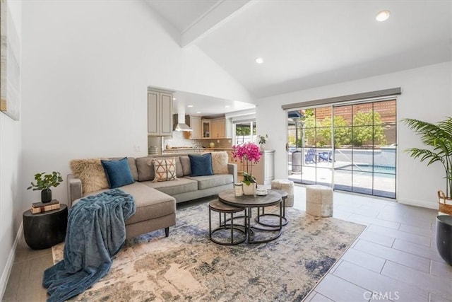 28639 Quaint St, Agoura Hills, CA 91301 - living room featuring beamed ceiling, high vaulted ceiling, light tile patterned flooring, and recessed lighting