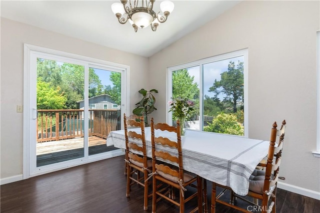 4725 Arena Ave, Atascadero, CA 93422 - dining space with a chandelier, plenty of natural light, lofted ceiling, and dark wood-style floors