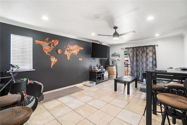 1566 Pine Ave Unit 207A, Long Beach, CA 90813 - living area featuring recessed lighting, light tile patterned flooring, ornamental molding, and a ceiling fan