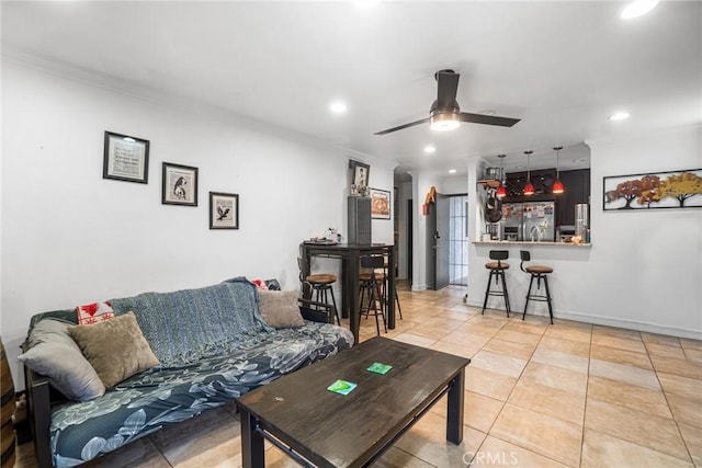 1566 Pine Ave Unit 207A, Long Beach, CA 90813 - living room with recessed lighting, ceiling fan, crown molding, and light tile patterned floors