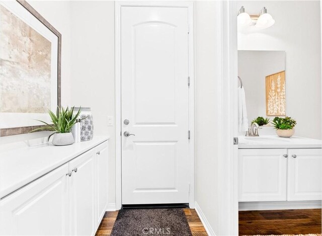 27 Cache St, Rancho Mission Viejo, CA 92694 - doorway with dark wood-style flooring and a sink