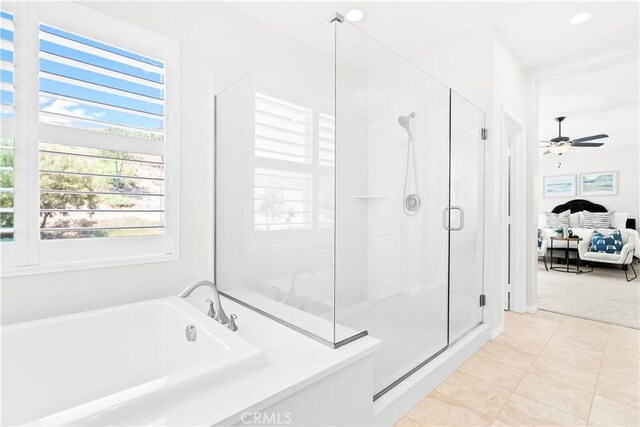 27 Cache St, Rancho Mission Viejo, CA 92694 - ensuite bathroom featuring a stall shower, a bath, ceiling fan, and tile patterned floors
