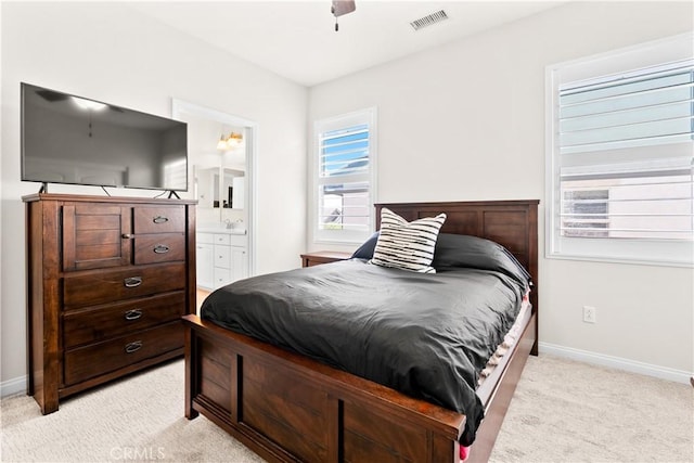 27 Cache St, Rancho Mission Viejo, CA 92694 - bedroom featuring light colored carpet, ensuite bathroom, and a ceiling fan