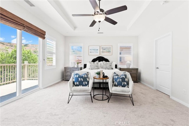 27 Cache St, Rancho Mission Viejo, CA 92694 - carpeted bedroom with a raised ceiling, access to outside, and ceiling fan