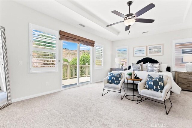 27 Cache St, Rancho Mission Viejo, CA 92694 - carpeted bedroom with access to outside, a raised ceiling, and ceiling fan