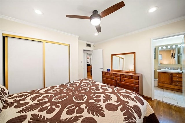 416 N Westridge Ave, Glendora, CA 91741 - bedroom with a closet, wood finished floors, ensuite bathroom, crown molding, and recessed lighting