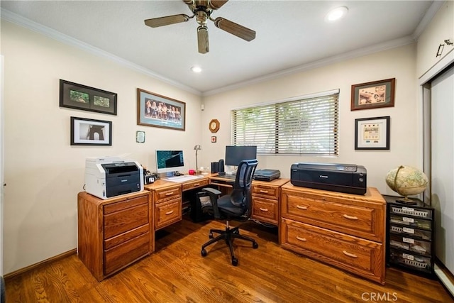 416 N Westridge Ave, Glendora, CA 91741 - home office featuring dark wood-type flooring, ornamental molding, a ceiling fan, and recessed lighting