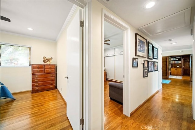 416 N Westridge Ave, Glendora, CA 91741 - corridor with crown molding, light wood finished floors, attic access, and recessed lighting