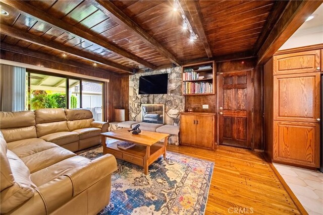 416 N Westridge Ave, Glendora, CA 91741 - living area featuring a wooden ceiling with exposed beams, a fireplace, light wood-type flooring, and wooden walls