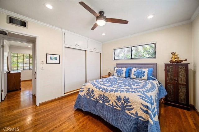 416 N Westridge Ave, Glendora, CA 91741 - bedroom with wood finished floors, a closet, ornamental molding, recessed lighting, and ceiling fan