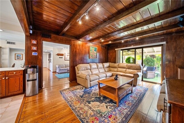 416 N Westridge Ave, Glendora, CA 91741 - living area featuring a wooden ceiling with exposed beams, rail lighting, wooden walls, and light wood finished floors