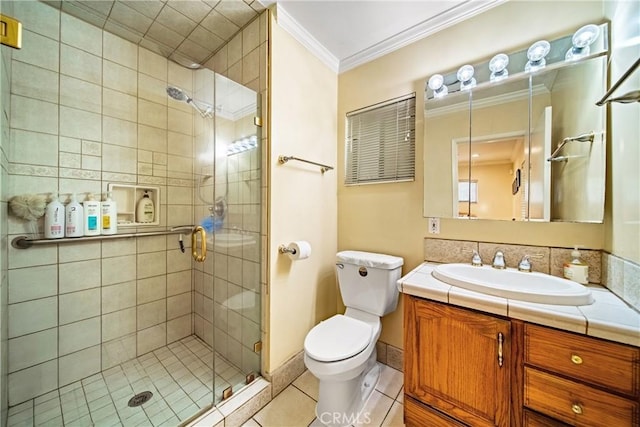 416 N Westridge Ave, Glendora, CA 91741 - bathroom with vanity, a shower stall, tile patterned flooring, and crown molding