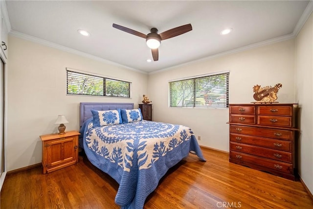 416 N Westridge Ave, Glendora, CA 91741 - bedroom featuring dark wood-style floors, ornamental molding, recessed lighting, and ceiling fan