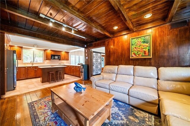 416 N Westridge Ave, Glendora, CA 91741 - living room featuring a wood ceiling with exposed beams, light wood-style flooring, wooden walls, and track lighting