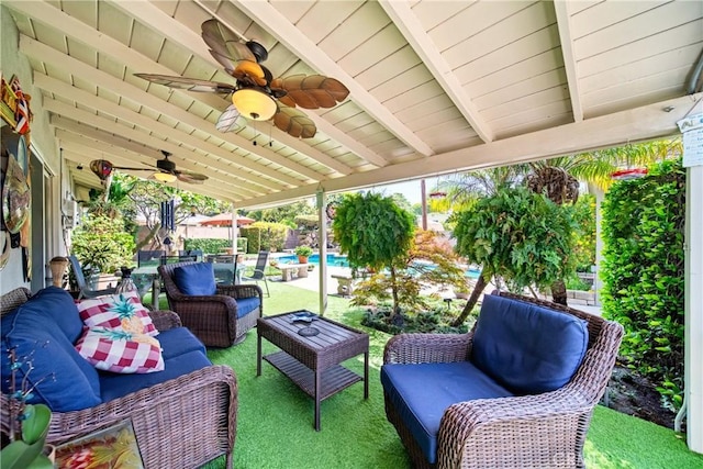 416 N Westridge Ave, Glendora, CA 91741 - view of patio / terrace with an outdoor hangout area, a ceiling fan, and an outdoor pool